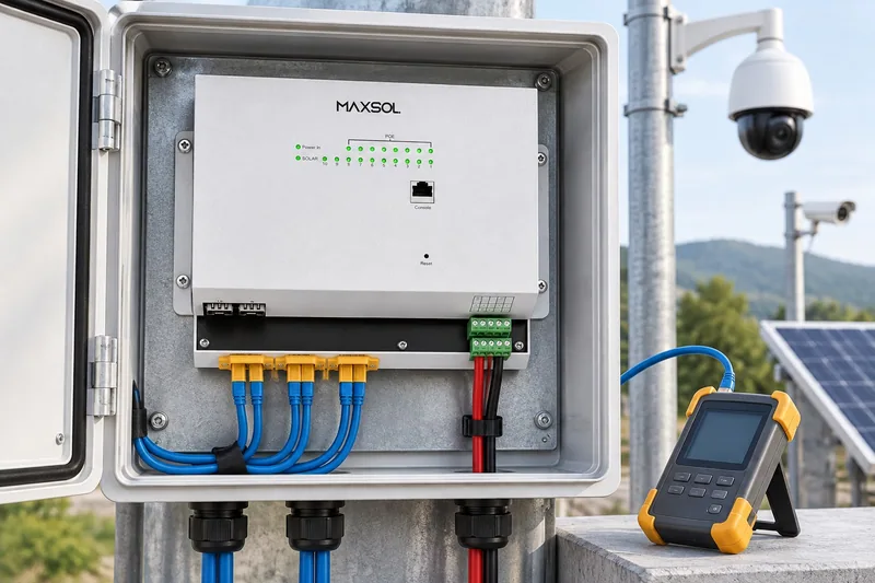 Switch PoE industrial solar Maxsol IOT2802SFG-S para sistemas de alimentación en corriente directa