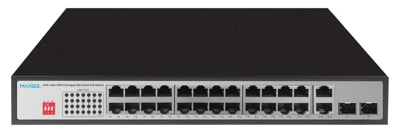 Switch PoE Gigabit Maxsol PS12402FG de 24 puertos con enlaces RJ45 y SFP