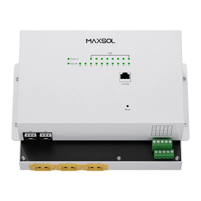 Switch PoE industrial solar Maxsol con puertos Ethernet y SFP