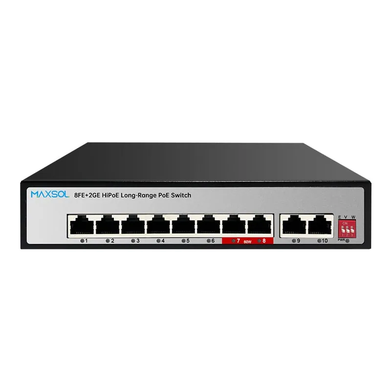 Vista frontal del switch Maxsol PS1802GE con 8 puertos PoE y 2 puertos uplink Gigabit