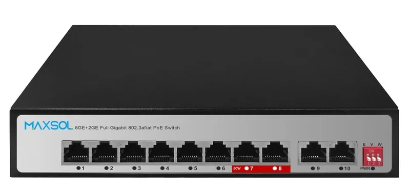 Switch PoE Gigabit no administrable Maxsol PS1802G de ocho puertos para alimentación y conexión de dispositivos de red