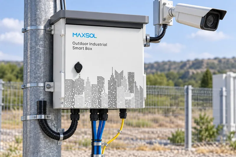 Gabinete inteligente exterior Maxsol SBOX2802SFG-I con puertos PoE, ranuras SFP y alimentación de corriente alterna