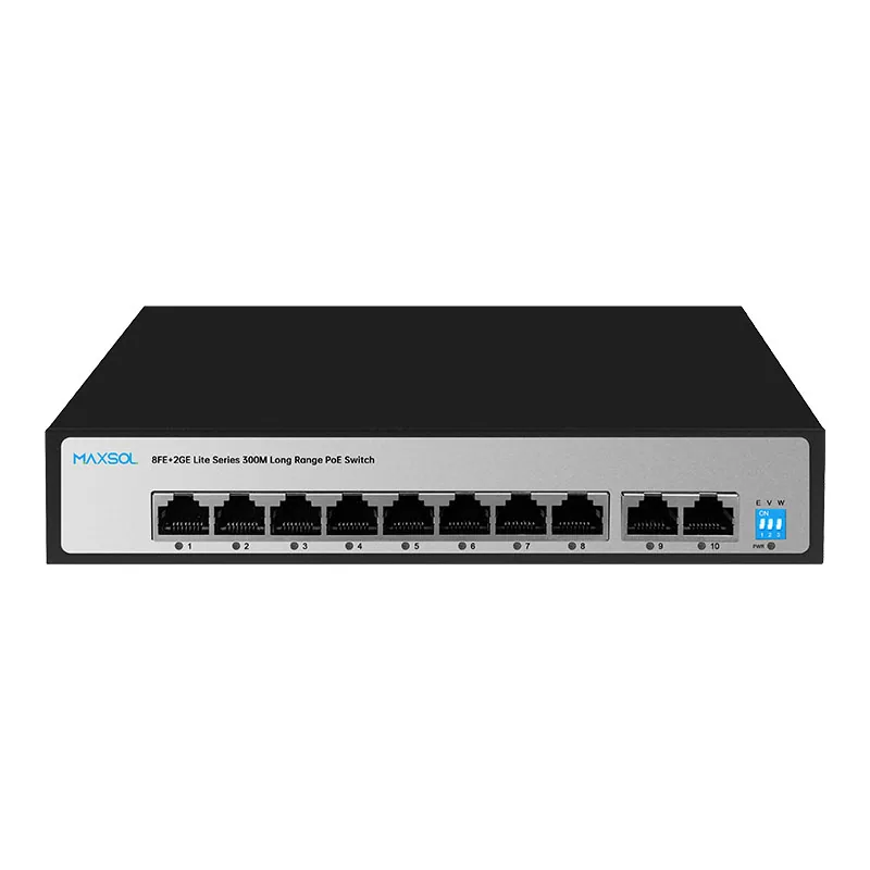 Switch PoE+ de 8 puertos y largo alcance con enlaces de subida 2GE