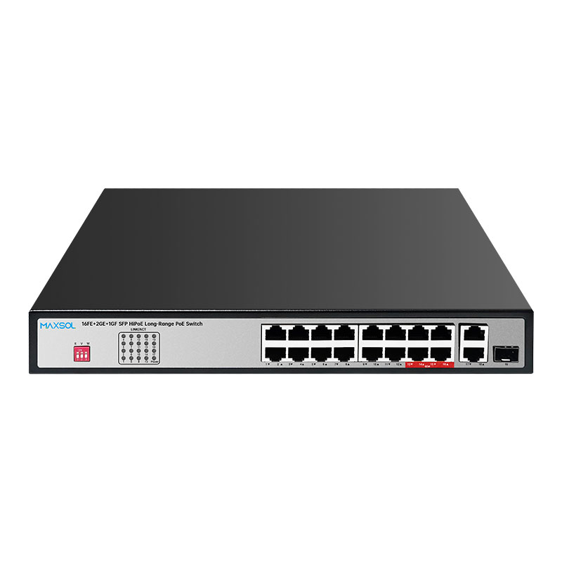Switch Hi-PoE de 16 puertos y 200 W con enlaces de subida 2GE+SFP