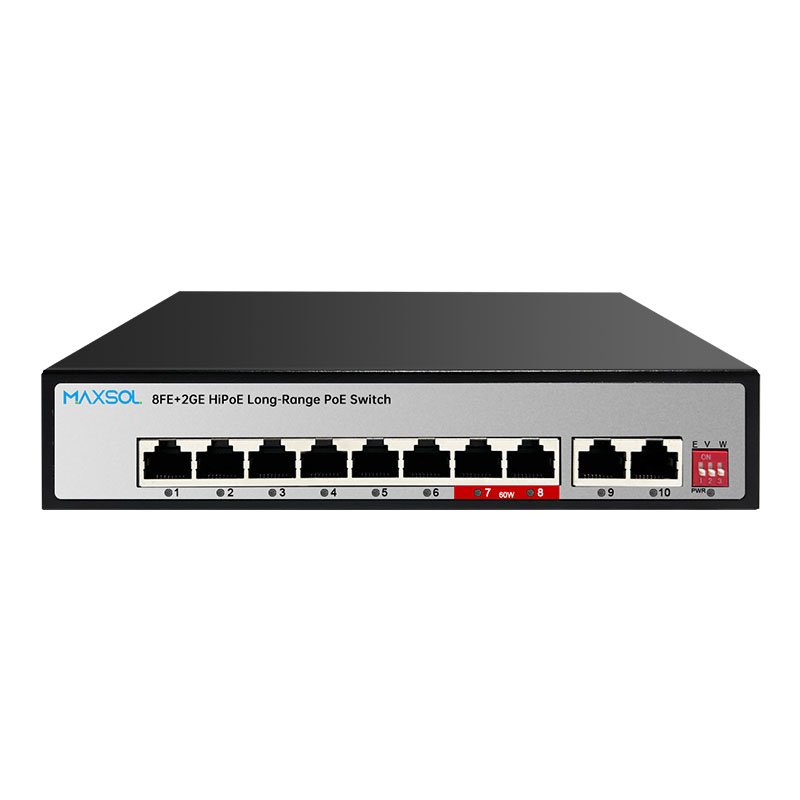 Switch Hi-PoE de 8 puertos, alcance de 300 m y enlaces de subida 2GE